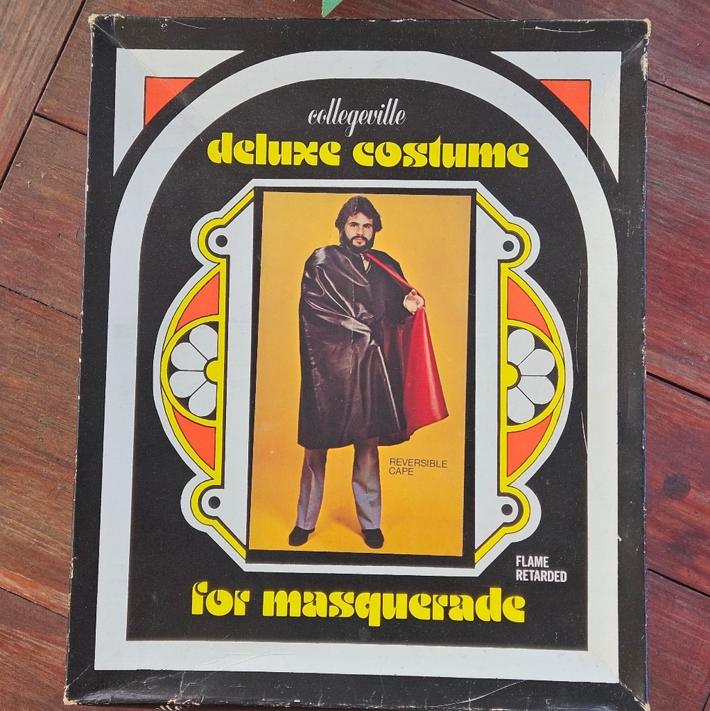 Vintage Collegeville Costume Black Red Reversible Cape Halloween Original Box